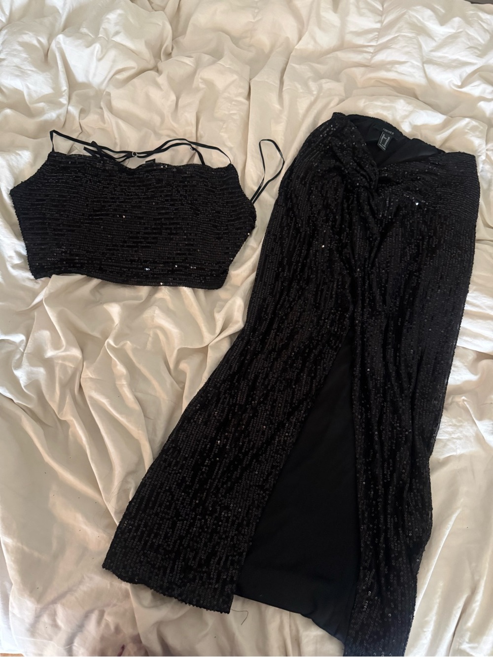 Forever 21 Black Sequin Slit Skirt and Crop Tox